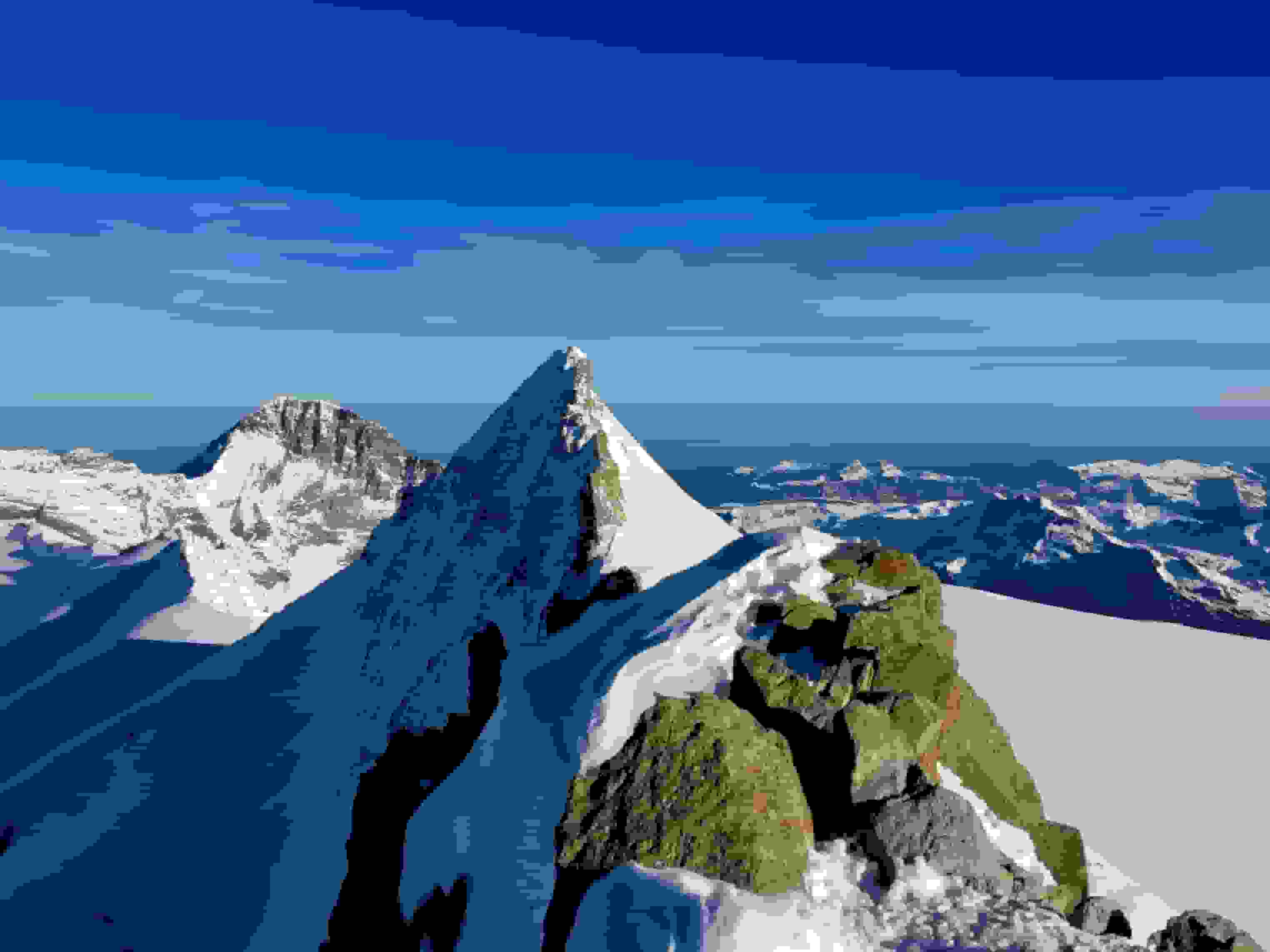 Blick vom Hinter Fiescherhorn zu Gross Fiescherhorn und Eiger (hinten)