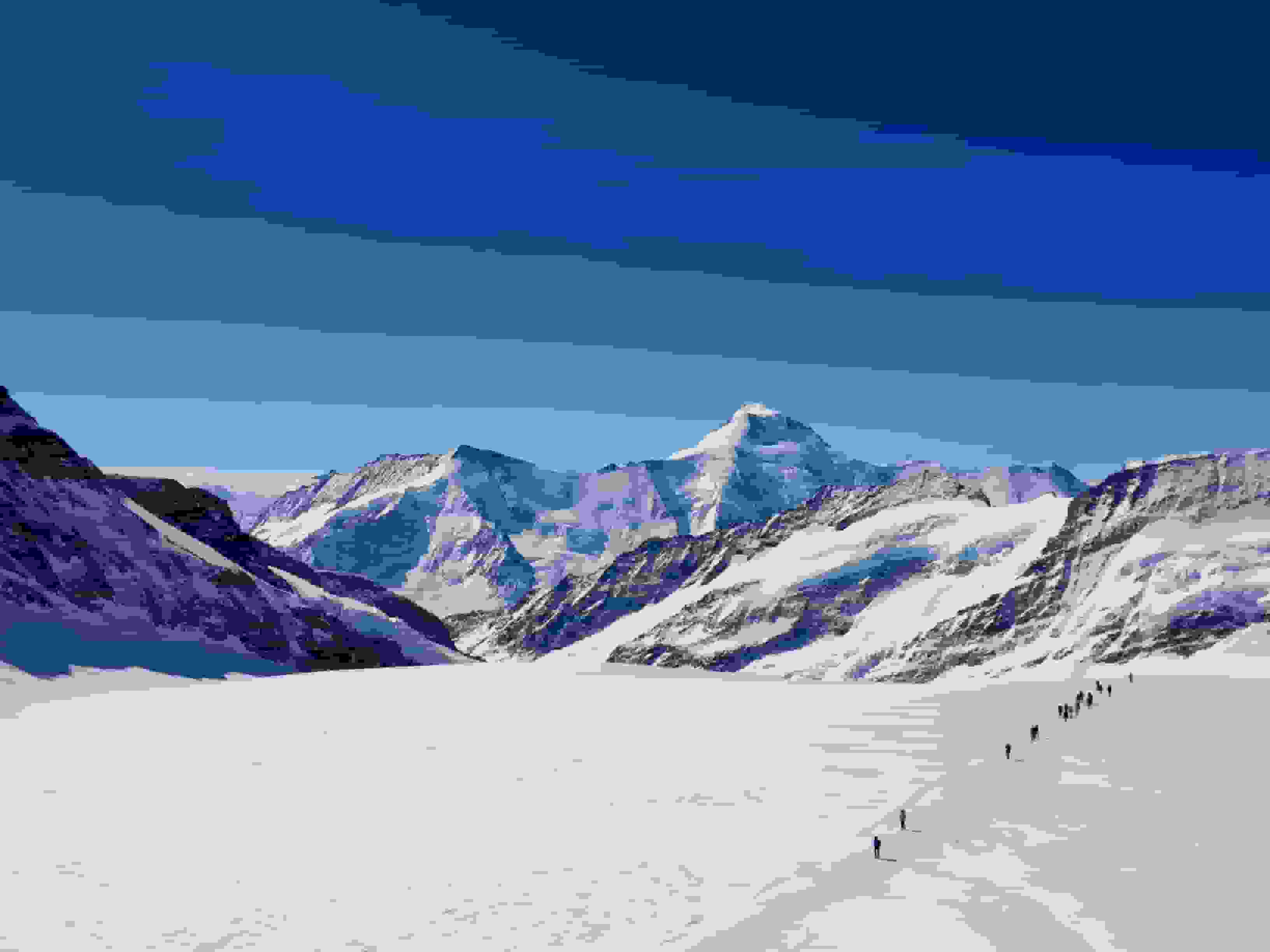 Piste vom Jungfraujoch zum Mönchsjoch vor grossartiger Kulisse