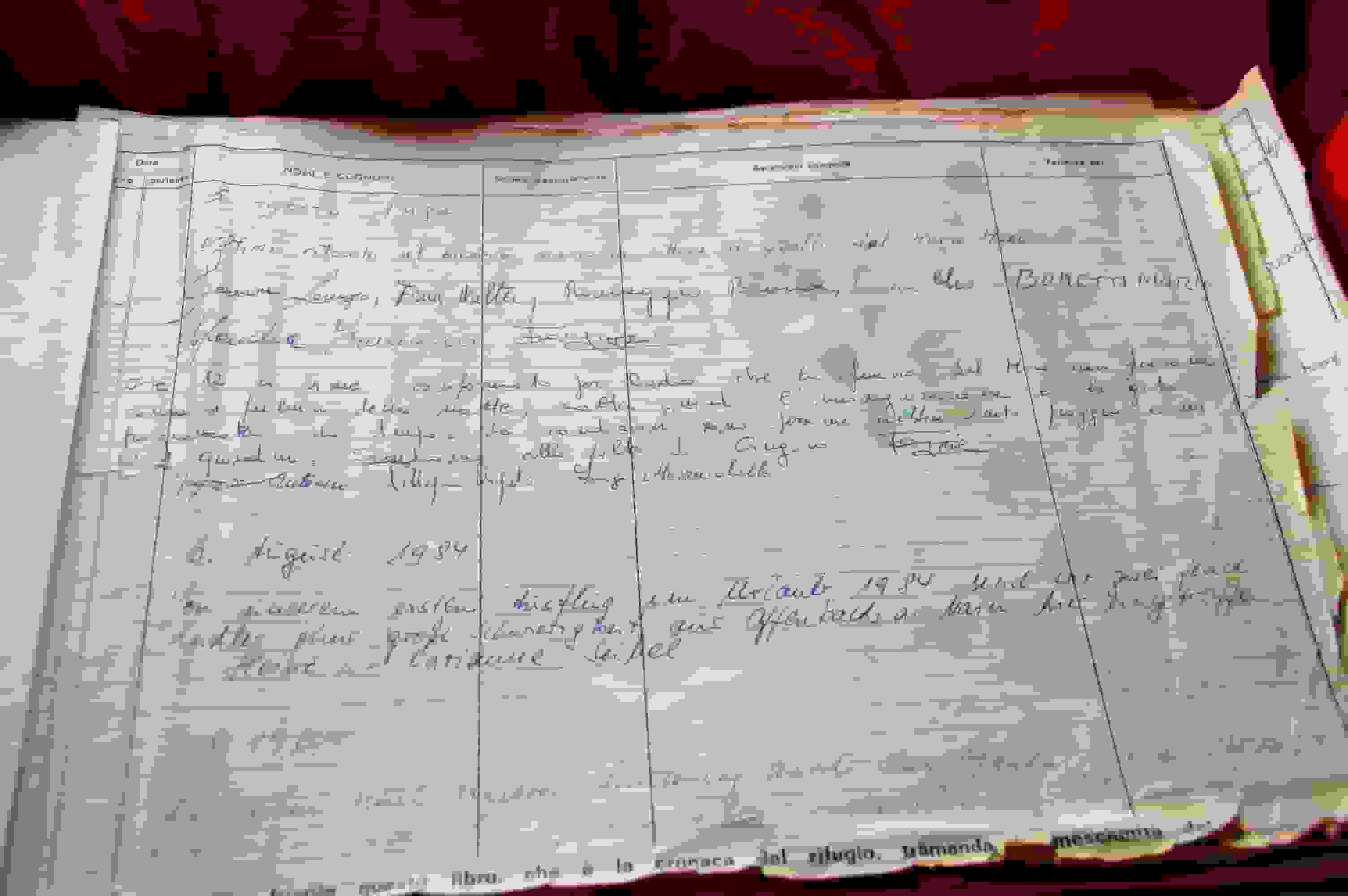 Die ersten Seiten des Hüttenbuchs im Biv. Antigine stammen aus dem Sommer 1984