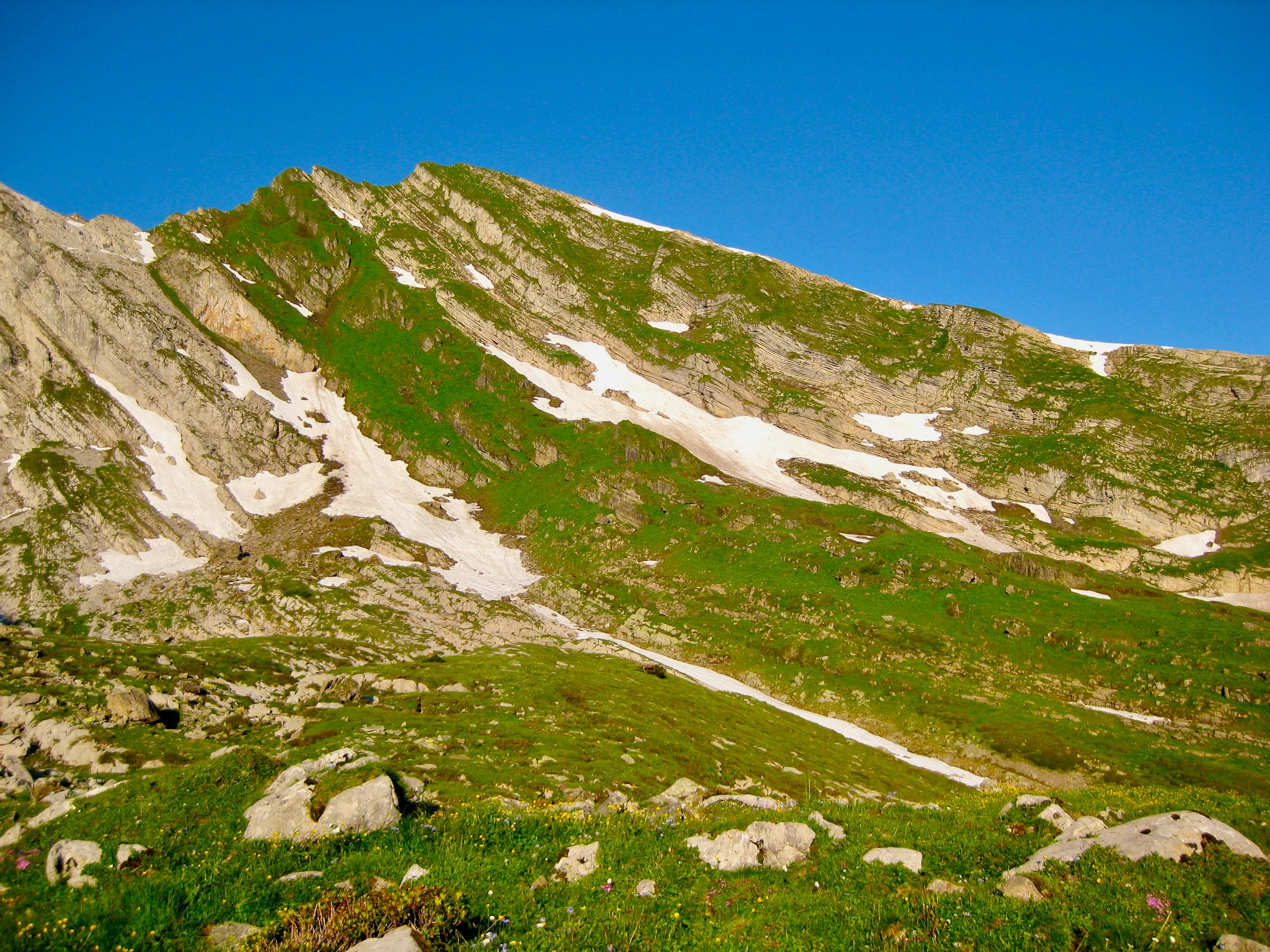 Blick zurück zum Selun. Abstieg über das Gras beim Schneefeld rechts im Bild