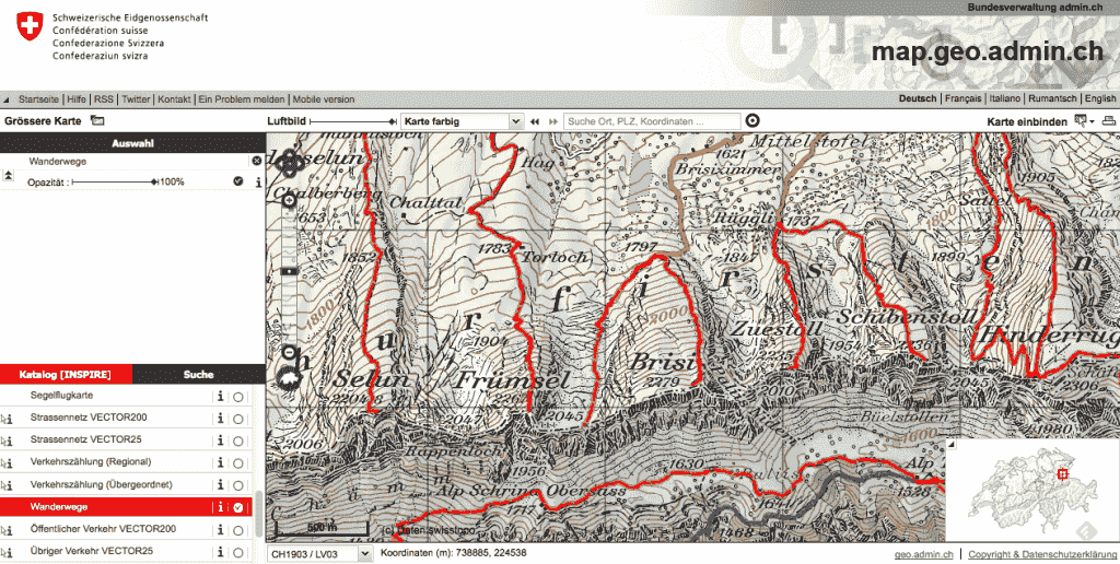 Auf map.geo.admin.ch lassen sich auch die Wanderwege einblenden